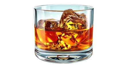 Whiskey on the Rocks: A captivating close-up of amber whiskey swirling gently within a crystal-clear glass, its depths accentuated by the cool contrast of ice.