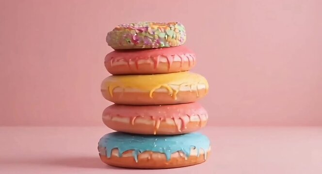 A stack of delicious donuts with colourful coloured glaze with a soft solid colour background.4k video.