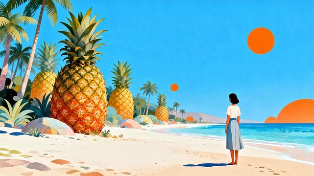 Beach scene with giant pineapples