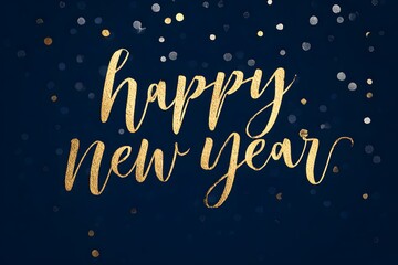 happy new year in elegant gold script on deep navy background with scattered silver confetti modern minimal design sleek typography balanced composition festive yet refined atmosphere