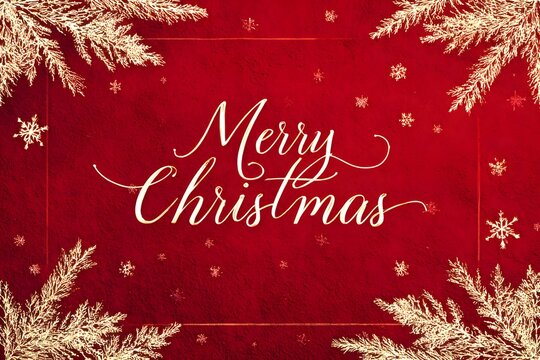 merry christmas in elegant gold script on deep red velvet background framed by delicate snowflakes and pine branches classic serif font balanced symmetrical layout festive atmosphere