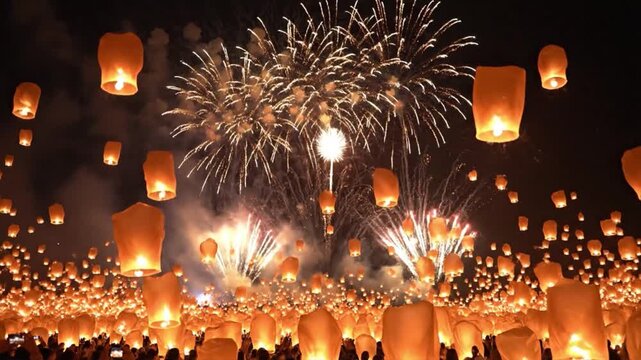 Sky Lantern Festival Celebration with Massive Fireworks Display at Night