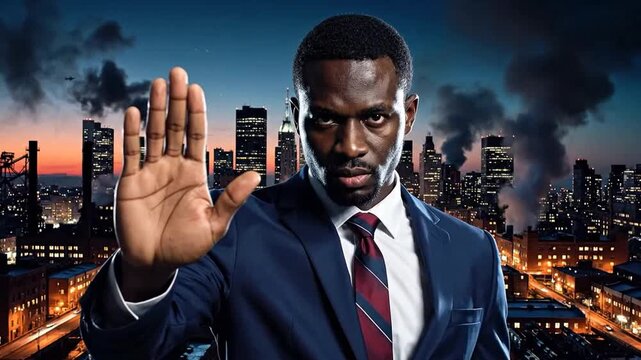 Serious businessman in a suit gesturing stop with his hand against a green background.