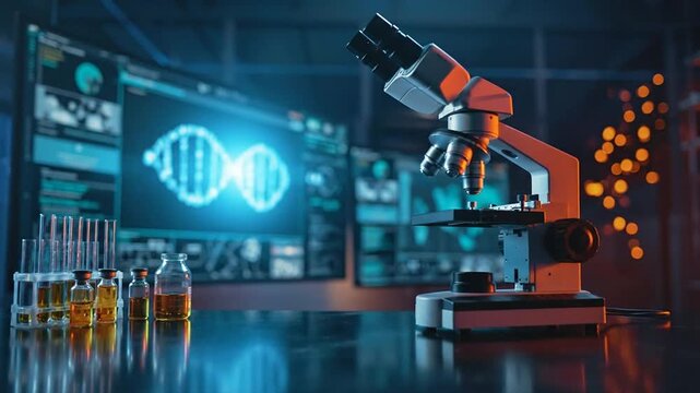 Microscope on a desk in front of a futuristic laboratory display showing DNA strands, vials of liquid, and a glowing screen