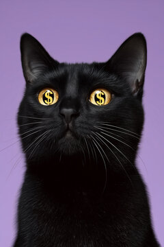 Black cat dollar eyes surreal pet portrait