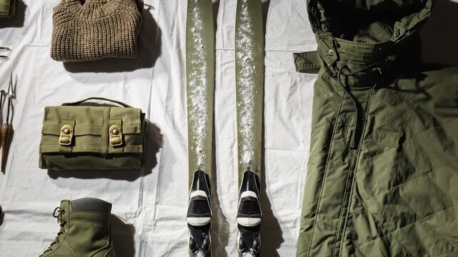 Winter expedition gear, including skis, boots, and a warm jacket, laid out for adventure and sport