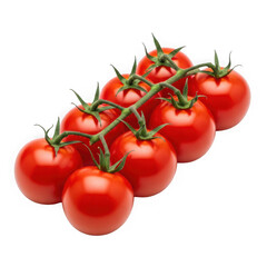 Fresh ripe red tomatoes with green stems in a row isolated on transparent background