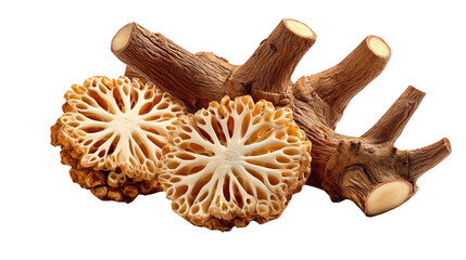 Obraz premium Mushroom Medley: A close-up view of a collection of fresh, exotic mushrooms, showcasing their unique textures and intricate forms.