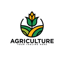 Fototapeta premium Modern agriculture logo featuring stylized corn plant and fields