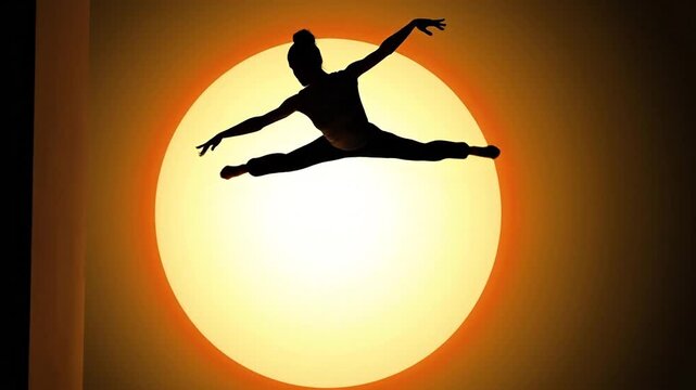 Silhouette of a dancer in mid-air leap against a vibrant sunset or large full moon
