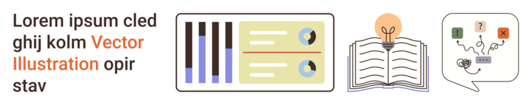 Business solutions, data visualization, online education, innovation, creativity, decision-making. Charts and graphs, open book with lightbulb and decision tree. Data visualization and business