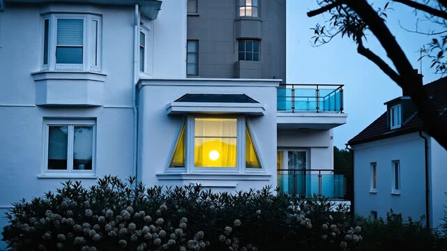 A warm glow emanates from a sunlit window of a modern apartment building at dusk
