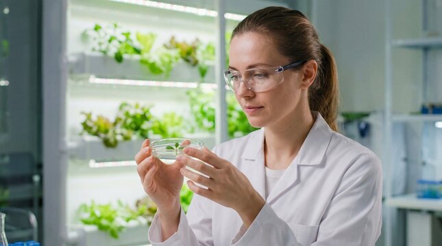 Woman biologist in a lab coat examining a small plant in a petri dish. Biotechnology research for sustainable agriculture.