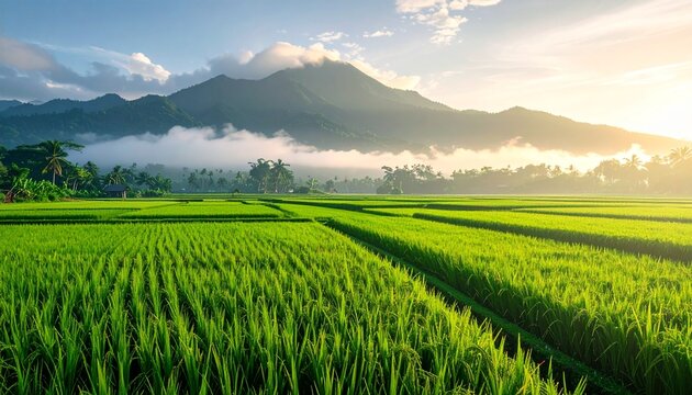 Nature scene with lush green rice fields and mountains in the background at sunrise