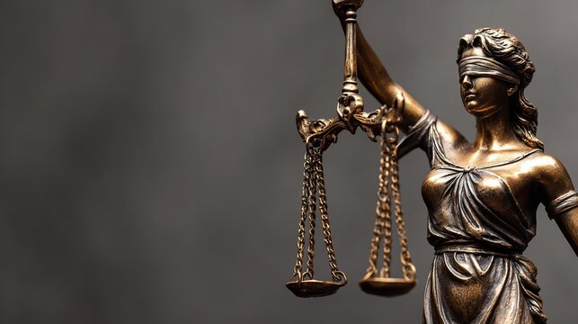 Rear view of themis statue with balance scales in black and white as a symbol of justice