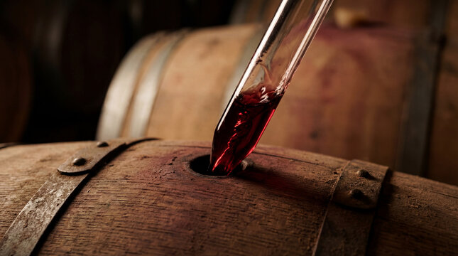 Winemaker using glass wine thief pipette to sample red wine from oak barrel in cellar. Tasting process during aging for quality control in traditional winery. Wine making concept.	