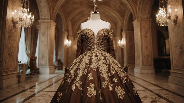 Elegant ball gown displayed in ornate interior with chandelier lighting
