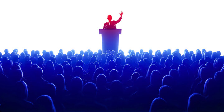 A vibrant digital rendering of a speaker addressing a crowd on transparent background