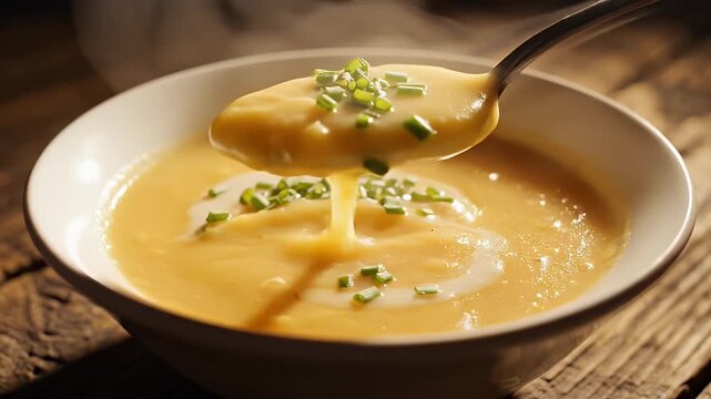 Steaming bowl of creamy soup, garnished with fresh chives and a swirl of cream