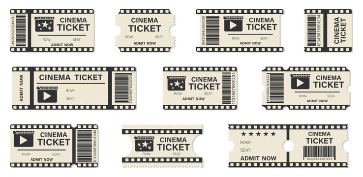 Cinema ticket templates collection. Retro movie admit passes with barcode and seat fields. Entertainment voucher designs isolated on background