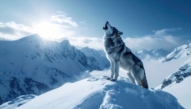 Wolf howls on snowy mountain peak, dramatic landscape, cold blue atmosphere