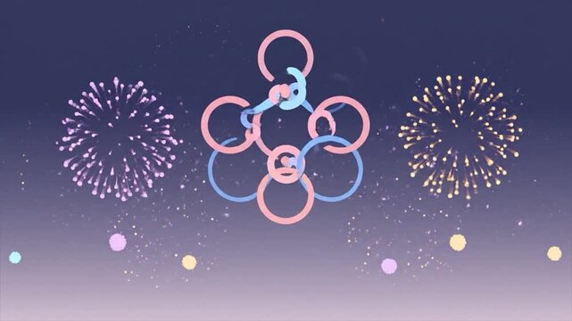 Pastel Fireworks Display with Interlocking Rings and Arrows Animation for Celebration Opener