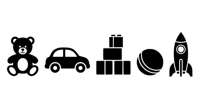 Collection of simple black silhouette icons depicting children's toys including a teddy bear car building blocks ball and space rocket on transparent background