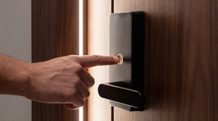 Naklejka premium Man hand operates modern smart door lock with fingerprint scanner. Biometric technology for home security and access control. Digital entry.