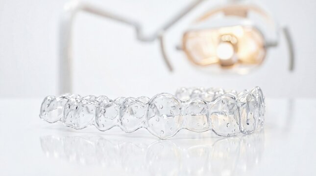 Invisible aligner on white table with dental lamp background. Orthodontic clear retainer for teeth straightening. Correction concept.