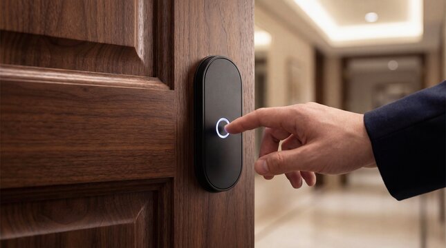 Man hand touching smart home door lock on wooden door. Modern security system for residential entrance, innovative technology concept.