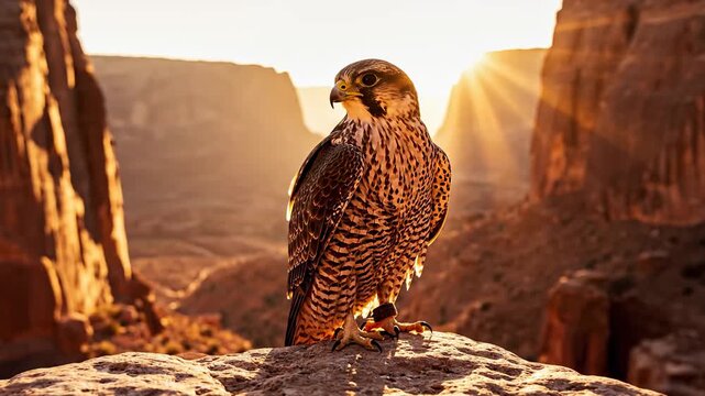 Hawk Standing on Rocky Cliff at Sunset.