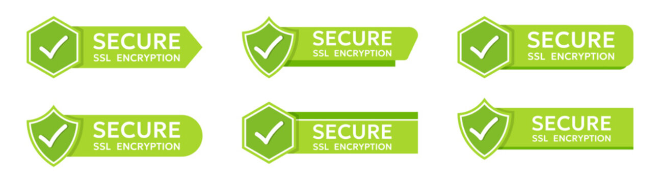 Secure ssl encryption banners set. Green protection labels with shield and check mark icon. Website security elements for online services