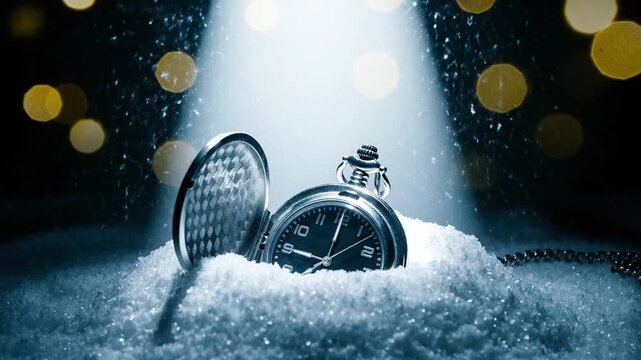 A Vintage Pocket Watch Resting in the Snow with Bokeh Lights Creating a Magical Atmosphere