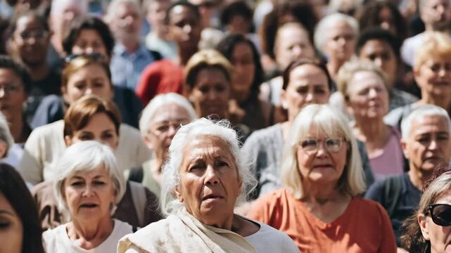 Diverse crowd of people looking forward with anticipation, representing a united community or audience