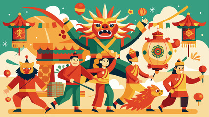 Naklejka premium Colorful chinese new year parade with dragon dance and lanterns in flat illustration representing traditional festival celebration and cultural heritage