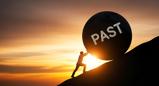 Determined individual pushes the burden of 'PAST' uphill, symbolizing resilience and moving forward