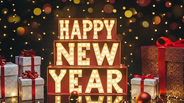 Happy New Year illuminated sign with gift boxes and bokeh background, celebrating the arrival of the new year