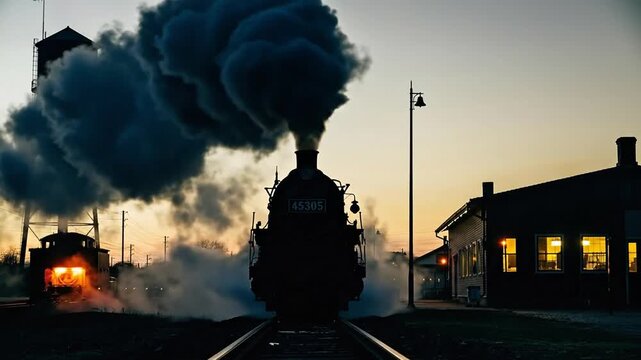 Majestic steam train billowing smoke at dusk along vintage railway tracks, evoking a sense of nostalgia and bygone eras of travel