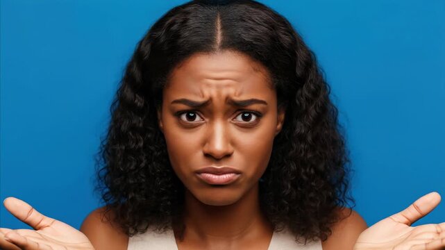 Confused young woman with hands out, expressing doubt, frustration, or bewilderment