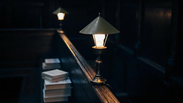 Classic library lamps illuminate stacks of books on wooden railings creating a cozy and studious atmosphere
