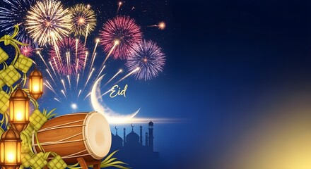Digital illustration of a festive eid al-fitr or ramadhan background with colorful fireworks, lanterns, and a drum against a night sky with a mosque silhouette, conveying a joyful and