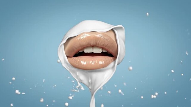 Close up of glossy lips with milk splashing around them, a surreal concept of beauty and refreshment