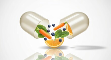 Fototapeta premium Vibrant Nutritional Capsule Filled with Colorful, Nutrient-Rich Foods for a Healthy Lifestyle Boost