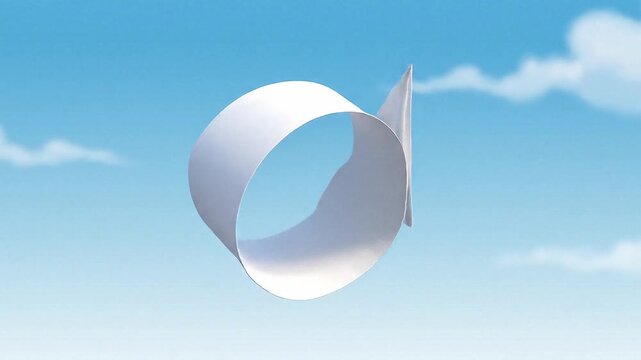 White Mobius Strip Floating in Blue Sky with Clouds.