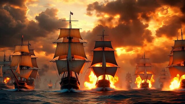 Sailing ships in fiery battle at sea