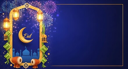 Digital illustration of a festive Eid Mubarak frame with a crescent moon, lanterns, and fireworks on a dark blue background with a cityscape, conveying a joyful and celebratory mood.