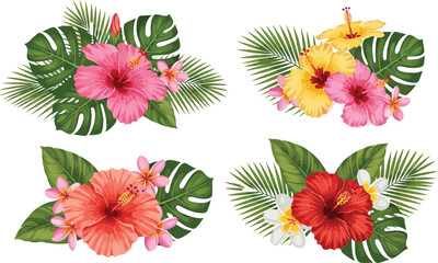 Tropical Floral Arrangement Vector Set with Hibiscus Flowers, Palm Leaves, and Exotic Botanical Compositions for Summer Design Projects © MstMukta