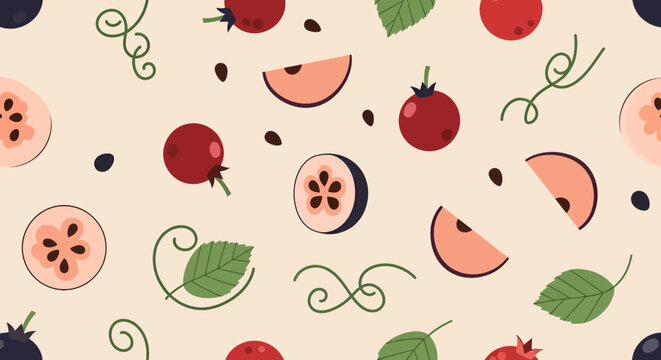 Colorful Mixed Fruit Pattern with Berries and Leaves