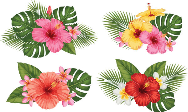 Tropical Floral Arrangement Vector Set with Hibiscus Flowers, Palm Leaves, and Exotic Botanical Compositions for Summer Design Projects