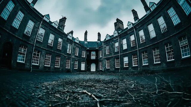 Dark and Spooky Abandoned Building Facade with Gothic Architecture and Eerie Atmosphere